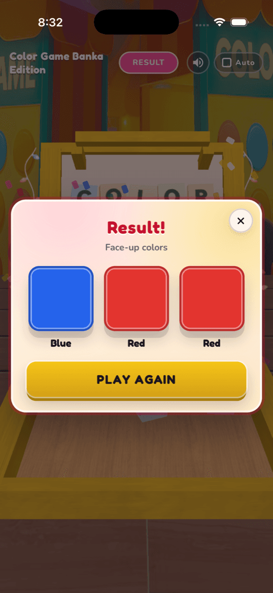 Result modal showing face-up colors