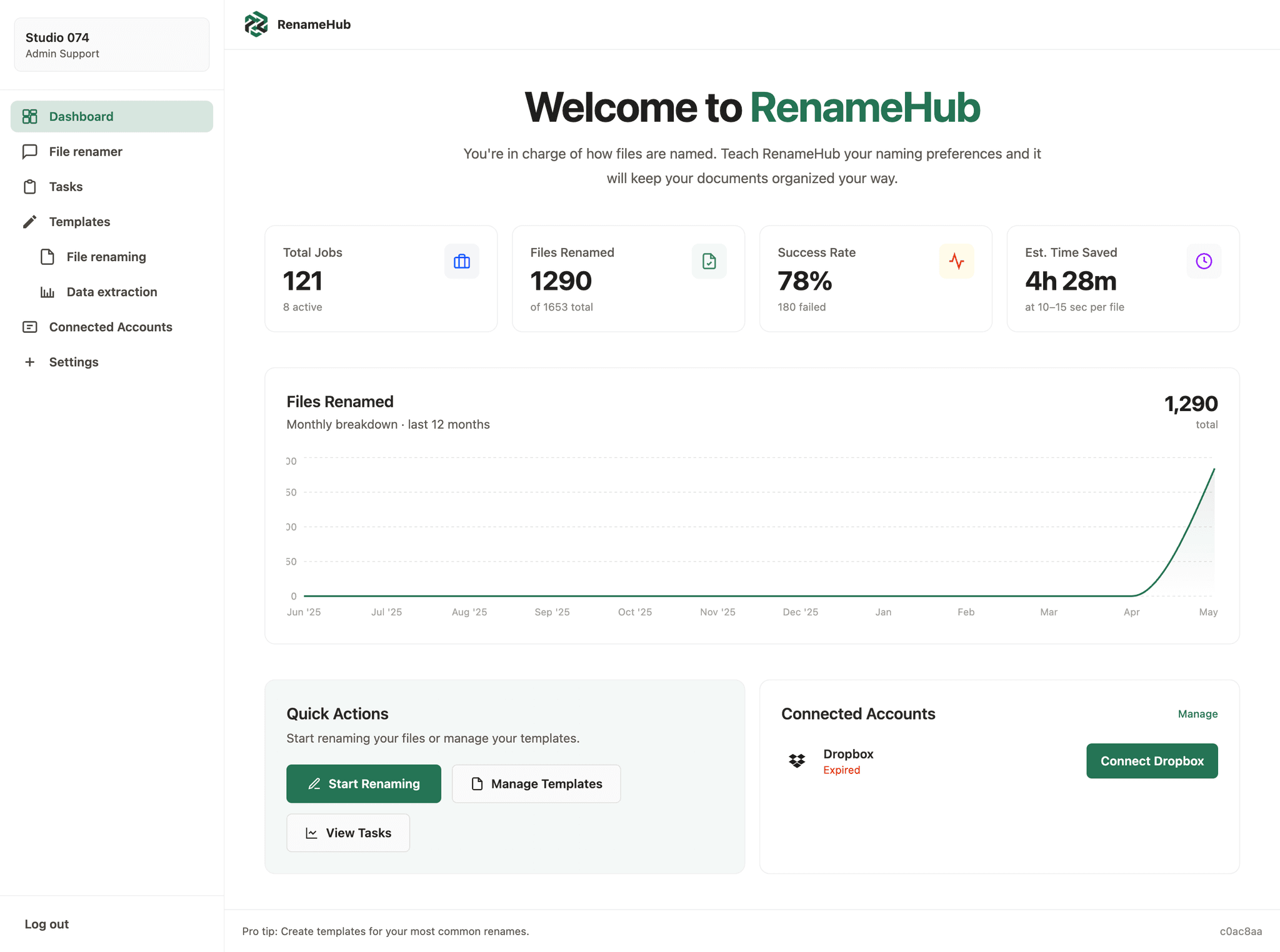RenameHub dashboard showing bulk file rename jobs and stats